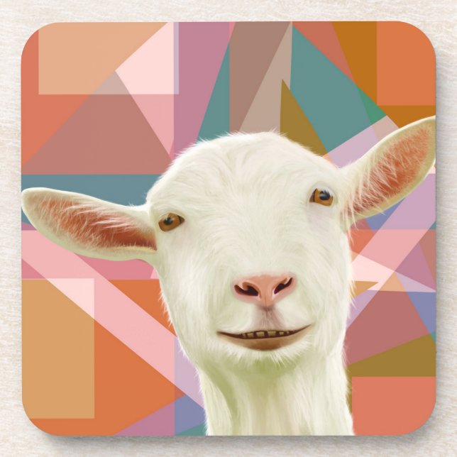 Friendly White Goat Colourful Geometric Orange Coaster (Front)