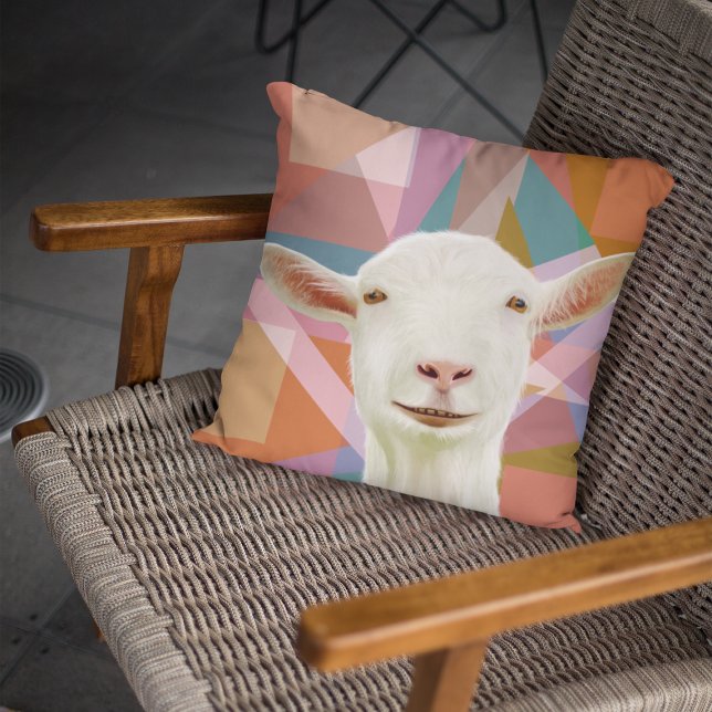 Friendly White Goat Colourful Geometric Orange Cushion (Creator Uploaded)