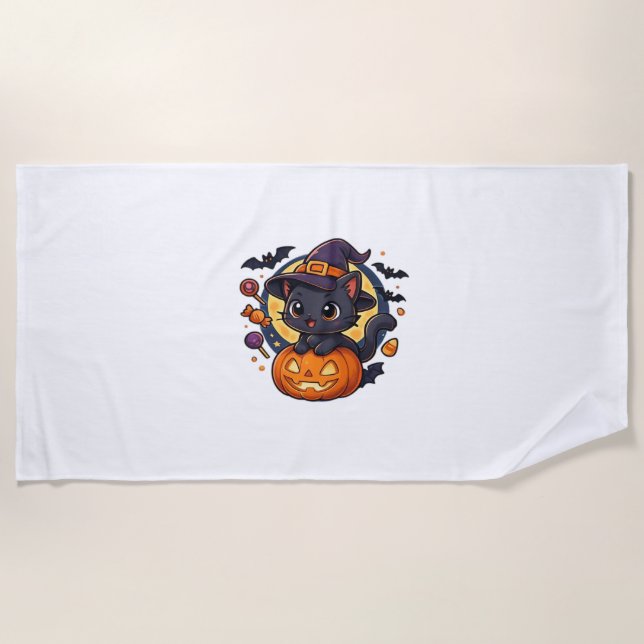 Friendly Witch Hat Cat  Cute Pastel Kawaii Hallowe Beach Towel (Front)