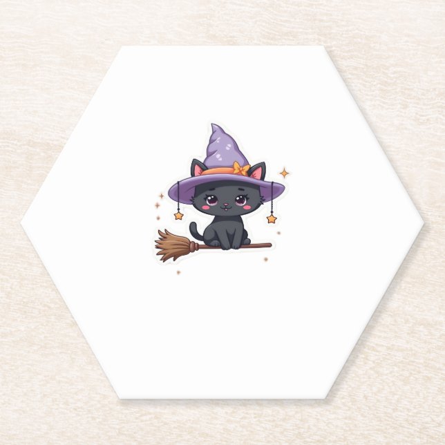 Friendly Witch Hat Cat  Cute Pastel Kawaii Hallowe Paper Coaster (Front)