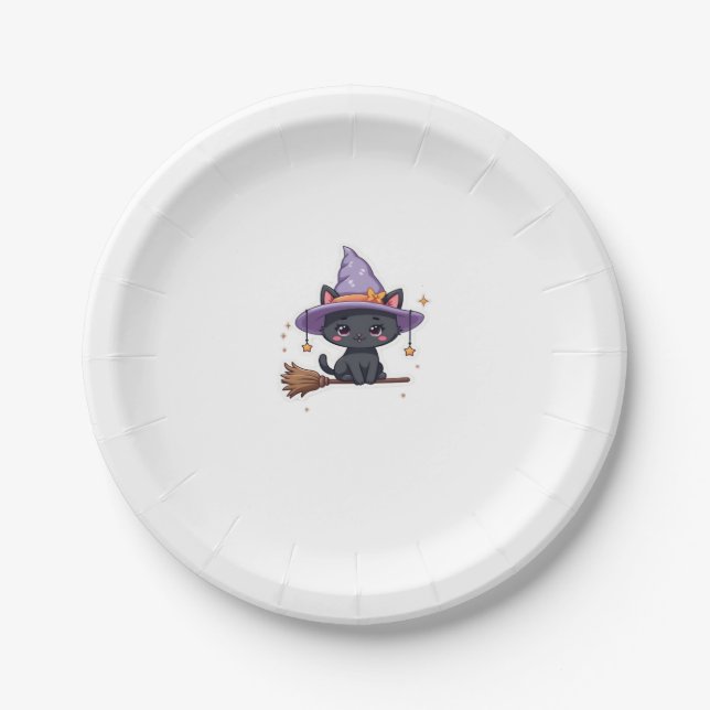 Friendly Witch Hat Cat  Cute Pastel Kawaii Hallowe Paper Plate (Front)