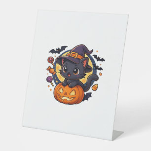 Friendly Witch Hat Cat  Cute Pastel Kawaii Hallowe Pedestal Sign