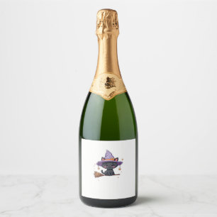 Friendly Witch Hat Cat  Cute Pastel Kawaii Hallowe Sparkling Wine Label