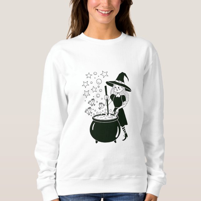 Friendly Witch Stirring Magic Cauldron Sweatshirt (Front)