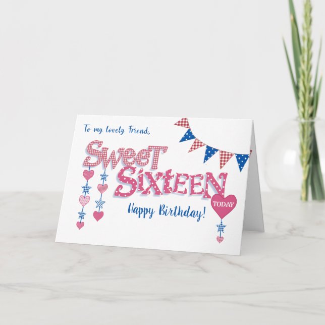 Friend's 16th Birthday Hearts Stars Word Art Card (Front)