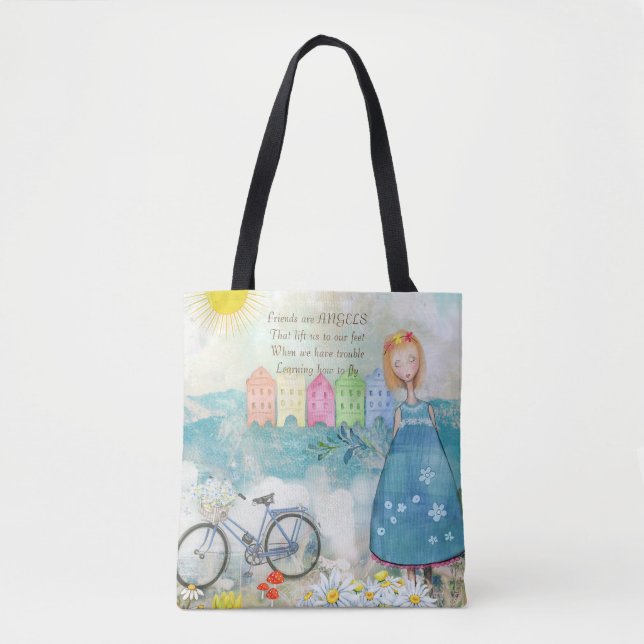 Friends Are Angels Quote Illustration Tote Bag (Front)