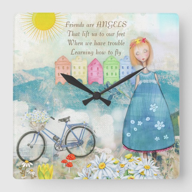 FRIENDS ARE ANGELS SQUARE CLOCK (Front)