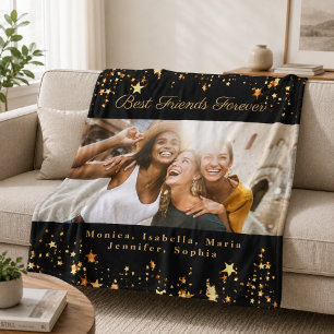 Friends besties photo black gold stars fleece blanket