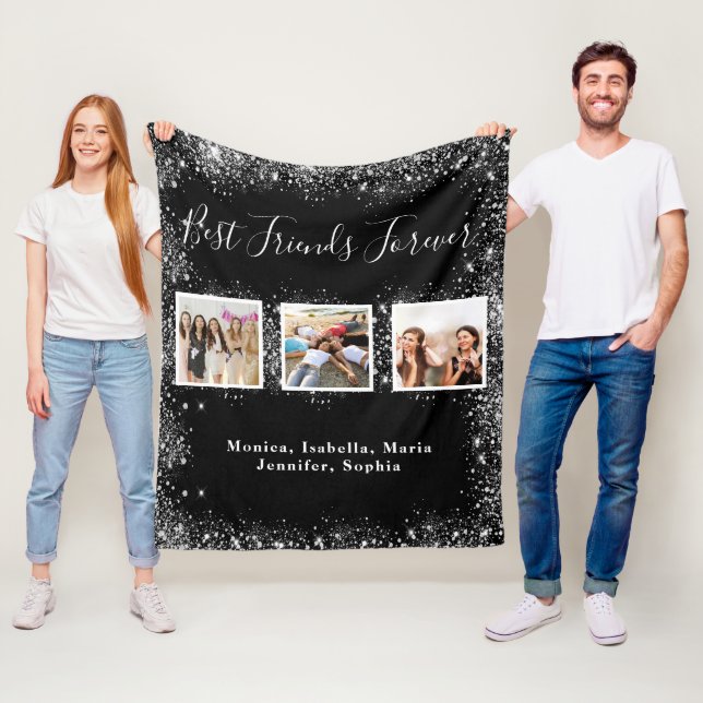 Friends BFF  black silver glitter photo names Fleece Blanket (In Situ)