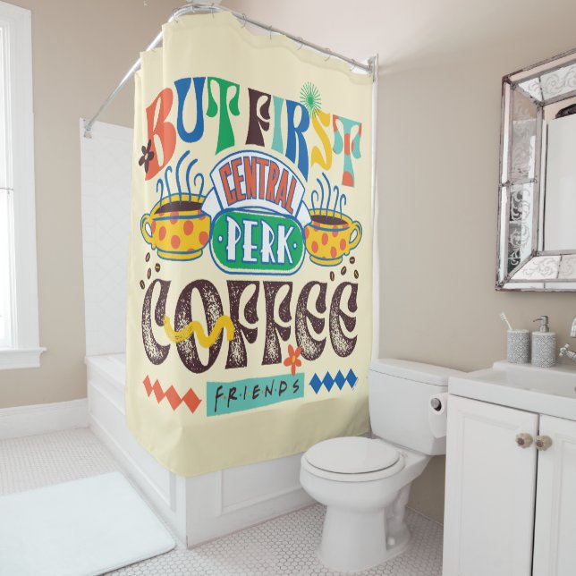 FRIENDS™ | But First Coffee Vibrant Graphic Shower Curtain (In Situ)