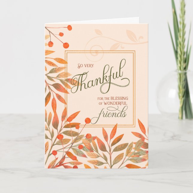 Friends Couple Autumn Harvest Leaves Thanksgiving Holiday Card (Front)