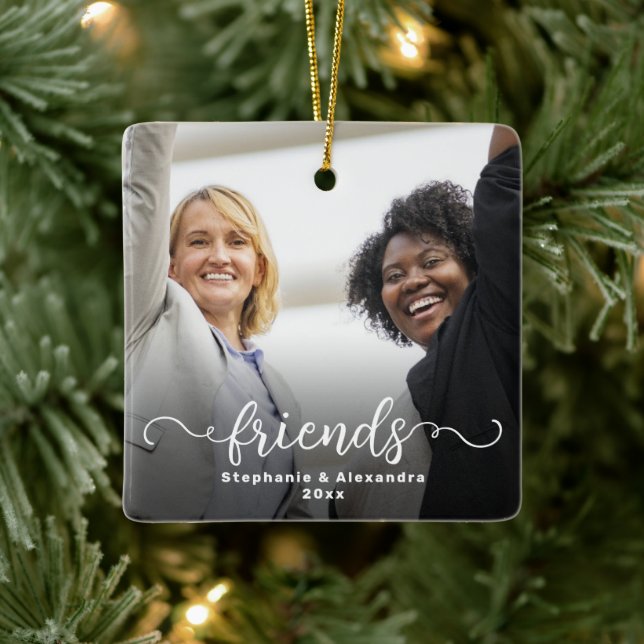 Friends Double Sided Curly Script Overlay Photo Ceramic Ornament (Tree)