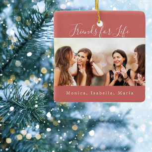 Friends for life brown red photo names keepsake ceramic ornament