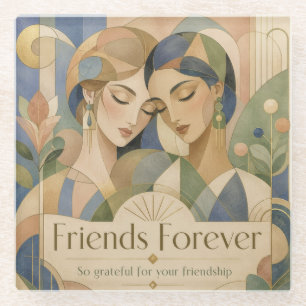 Friends Forever Art Deco Two Women Portrait Glass Coaster
