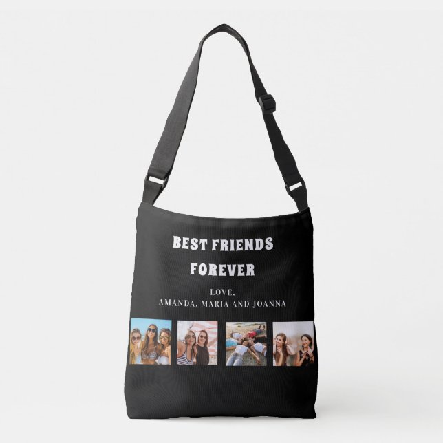 Friends forever black white photo collage names crossbody bag (Front)