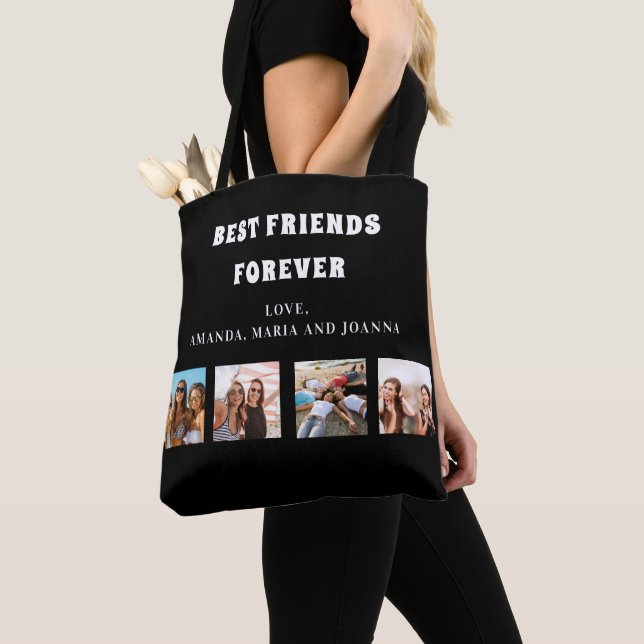Friends forever black white photo collage names tote bag (Close Up)