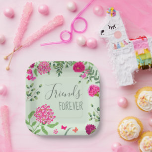 Friends Forever bright flowers and butterflies Paper Plate
