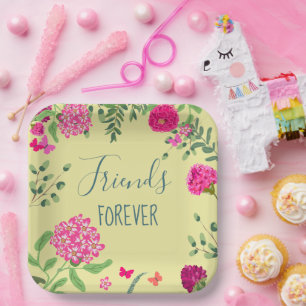 Friends Forever bright flowers and butterflies Paper Plate