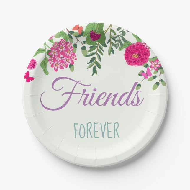 Friends Forever Colourful flowers and butterflies Paper Plate (Front)