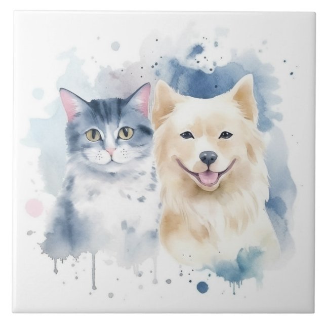 Friends Forever - Dog and Cat Watercolor Art Tile (Front)