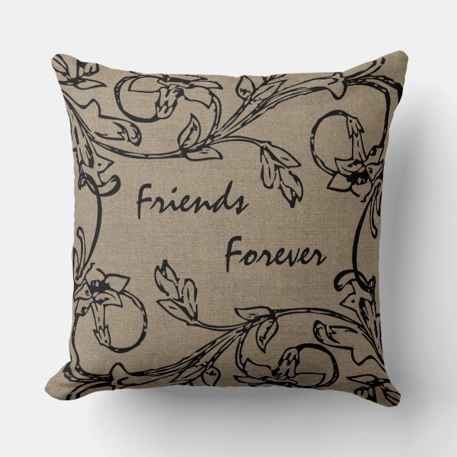 Friends Forever Floral Crewel Work Effect Burlap Cushion (Front)