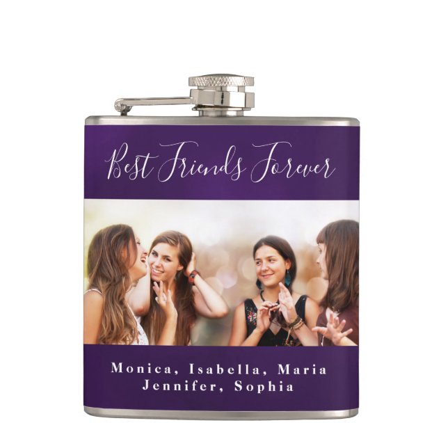 Friends forever names purple photo hip flask (Front)