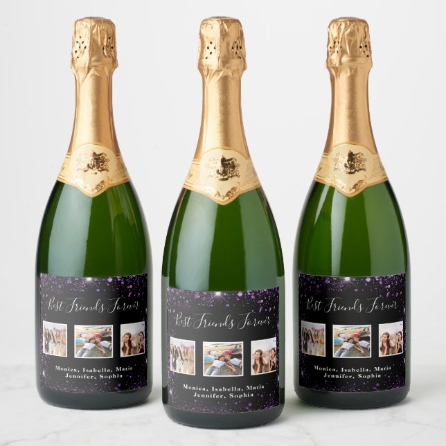 Friends forever photo black purple glitter sparkling wine label (Bottles)