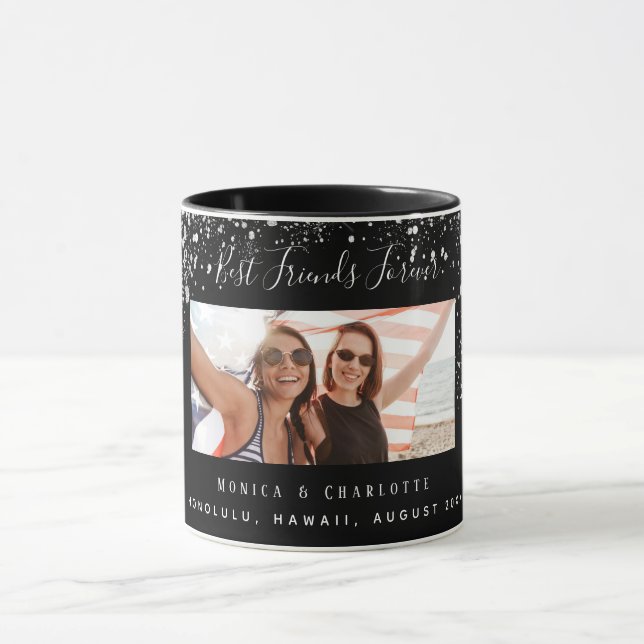 Friends forever photo black silver glitter names mug (Center)