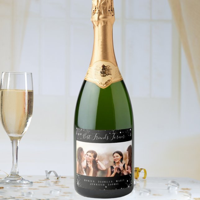 Friends forever photo black silver glitter sparkling wine label (Creator Uploaded)