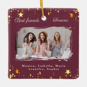 Friends forever photo burgundy gold stars ceramic ornament