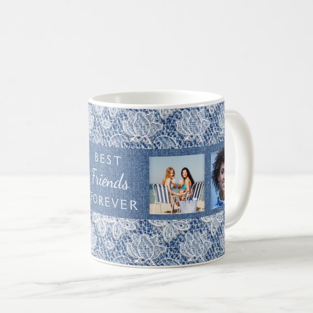 Friends forever photo collage blue denim lace coffee mug (Front Right)