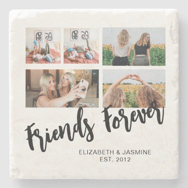 Friends Forever Photo Collage Gift for BFF Custom Stone Coaster (Front)