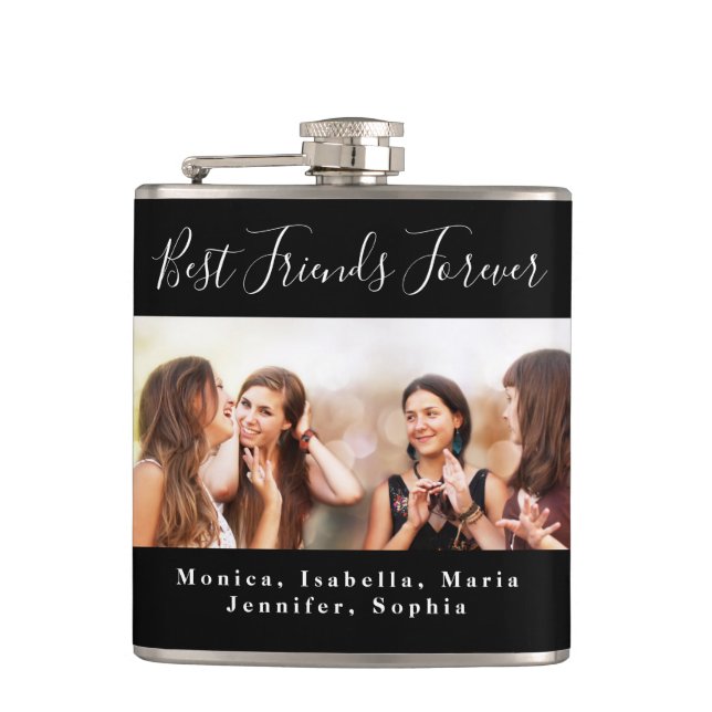 Friends forever photo names black white hip flask (Front)