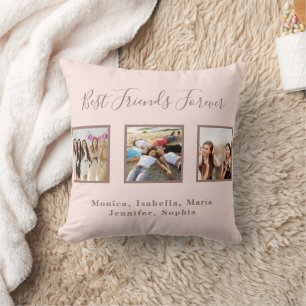 Friends forever rose gold blush photo names cushion