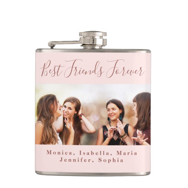 Friends forever rose gold blush photo names hip flask (Front)