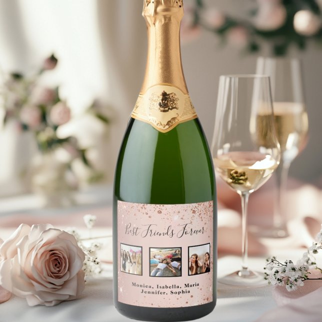 Friends forever rose gold glitter photo sparkling wine label (Creator Uploaded)
