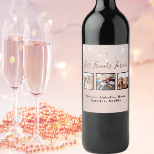 Friends forever rose gold glitter silver photo wine label