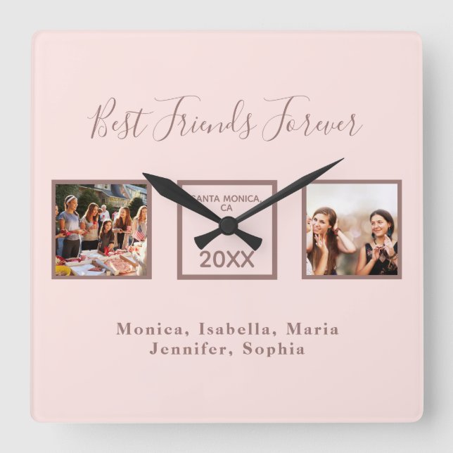 Friends forever rose gold names photo square wall clock (Front)