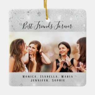Friends forever silver glitter photo ceramic ornament