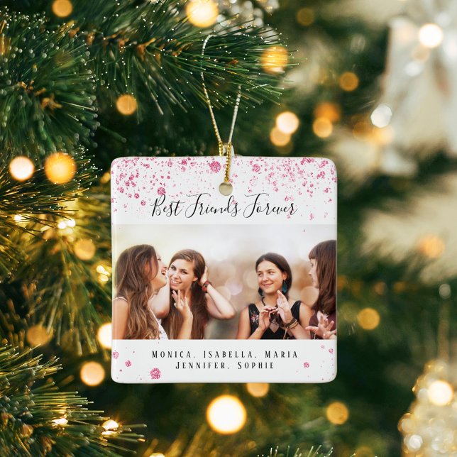 Friends forever white pink glitter photo names ceramic ornament (Creator Uploaded)