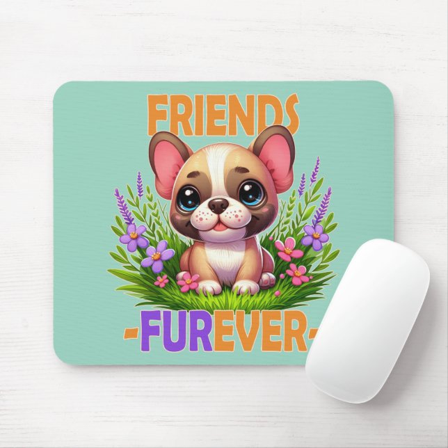 Friends Furever pun. Cute French Bulldog puppy dog Mouse Mat (With Mouse)