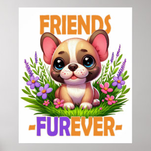 Friends Furever pun. Cute French Bulldog puppy dog Poster