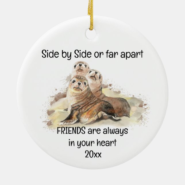 Friends in your Heart Quote Seals Animal Humour Ceramic Tree Decoration (Back)