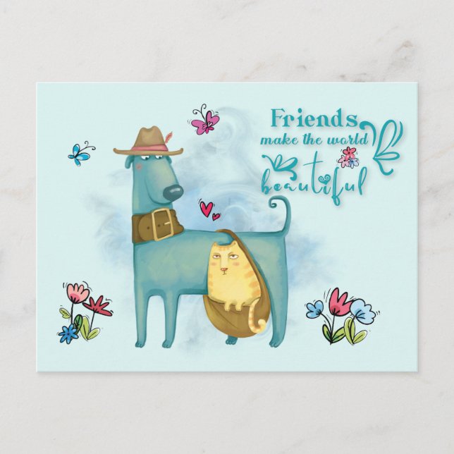 Friends Make The World Beautiful Cute Dog Cat Postcard (Front)