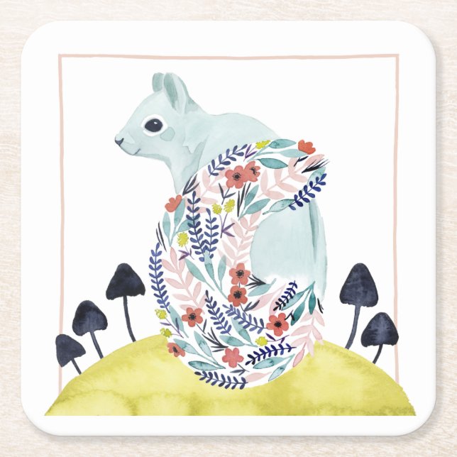 Friends of Clementine | Folk Art Squirrel Square Paper Coaster (Front)