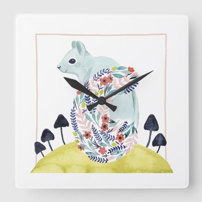 Friends of Clementine | Folk Art Squirrel Square Wall Clock (Front)