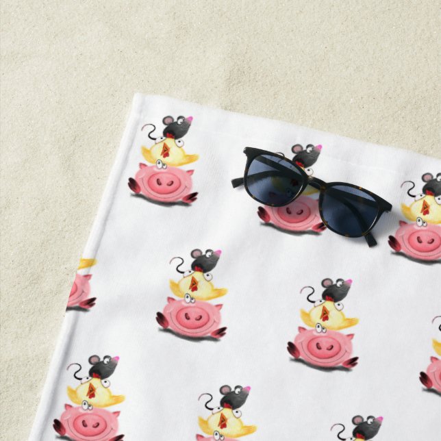 Friends Pig Chicken and Mouse Funny Beach Towel (In Situ)