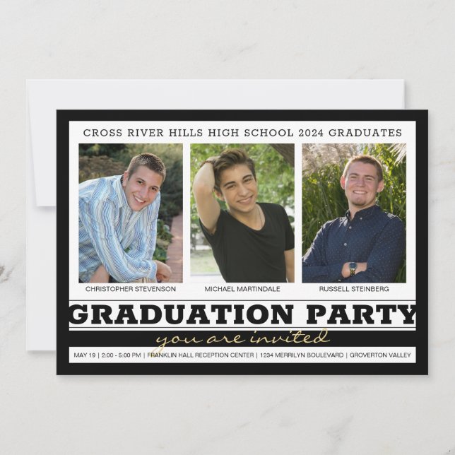 Friends Siblings Graduation Party Black 3 Photo Invitation (Front)