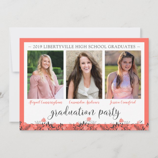 Friends Siblings Graduation Party Coral Floral Invitation (Front)