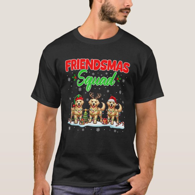 Friends Squad Christmas Three Santa Elf Golden Ret T-Shirt (Front)